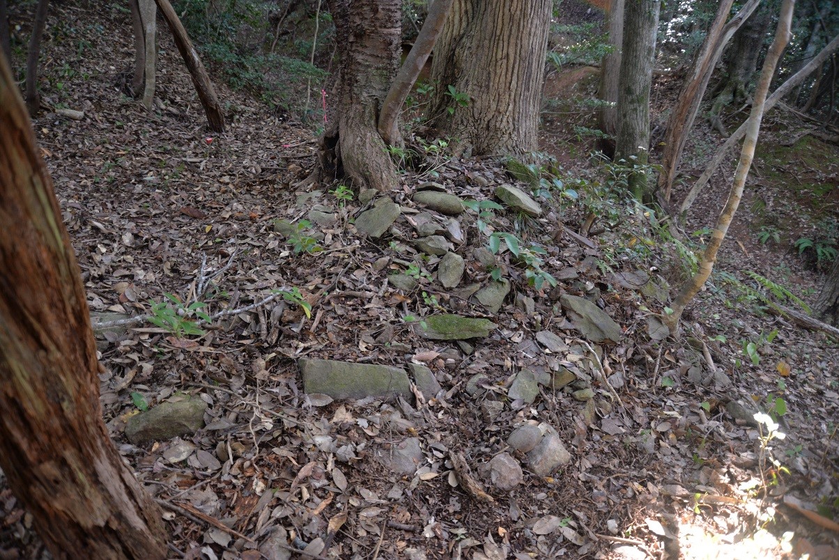 林の中で落ち葉に一部隠れながら角礫が集まっている様子が見える塞ノ神の積み石です。角礫が20個弱見えています。